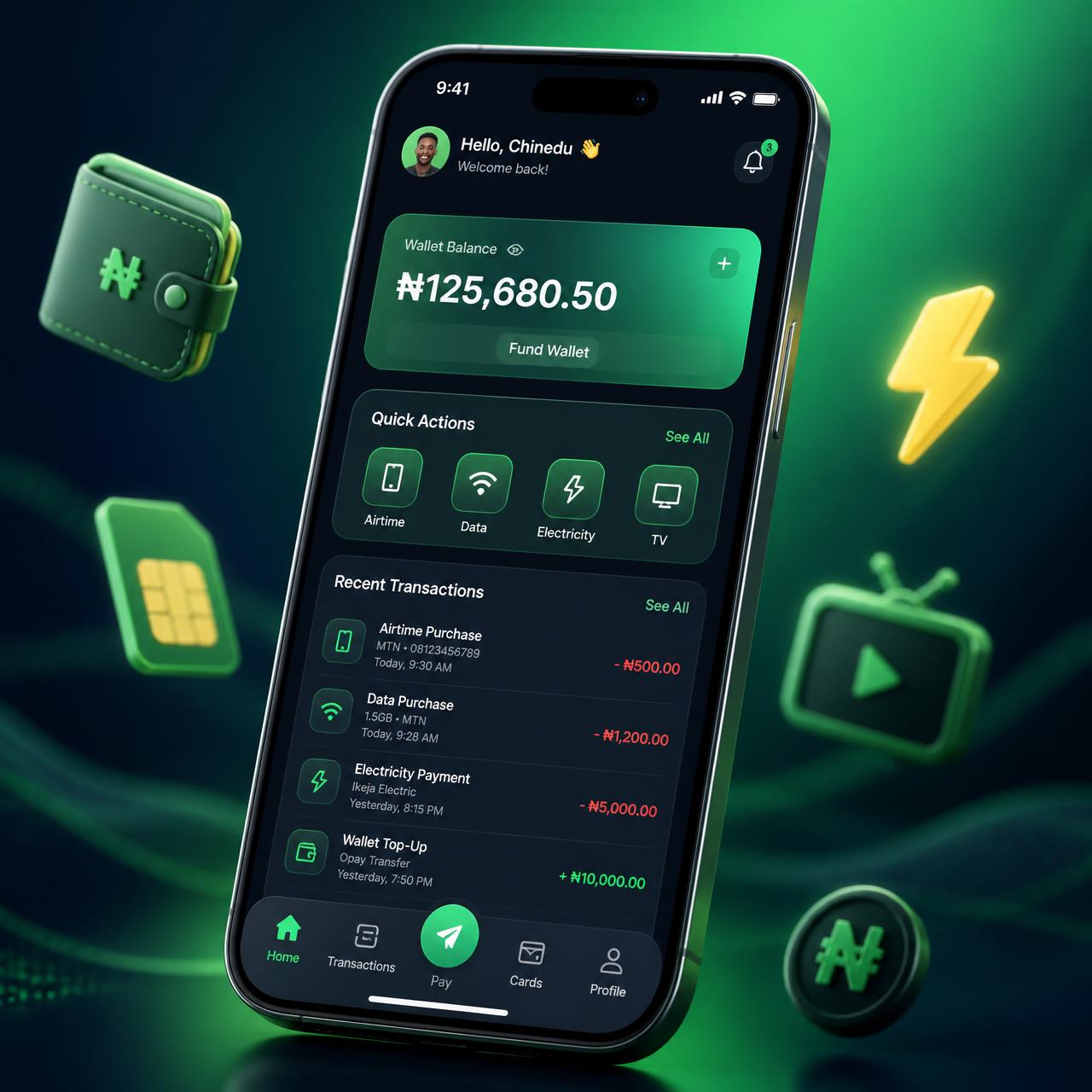 SwiftTopup mobile dashboard showing wallet balance, quick actions and recent transactions