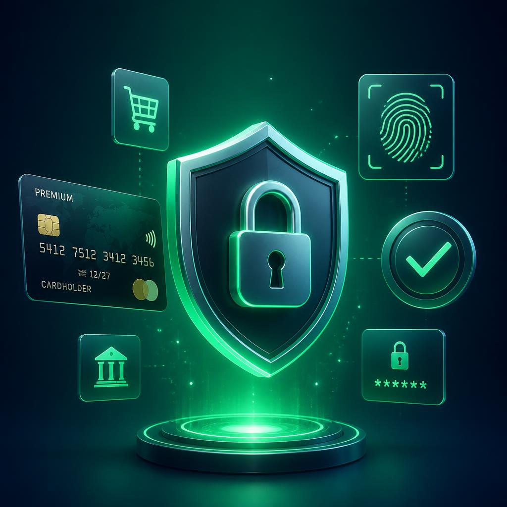Security shield with encrypted payment icons