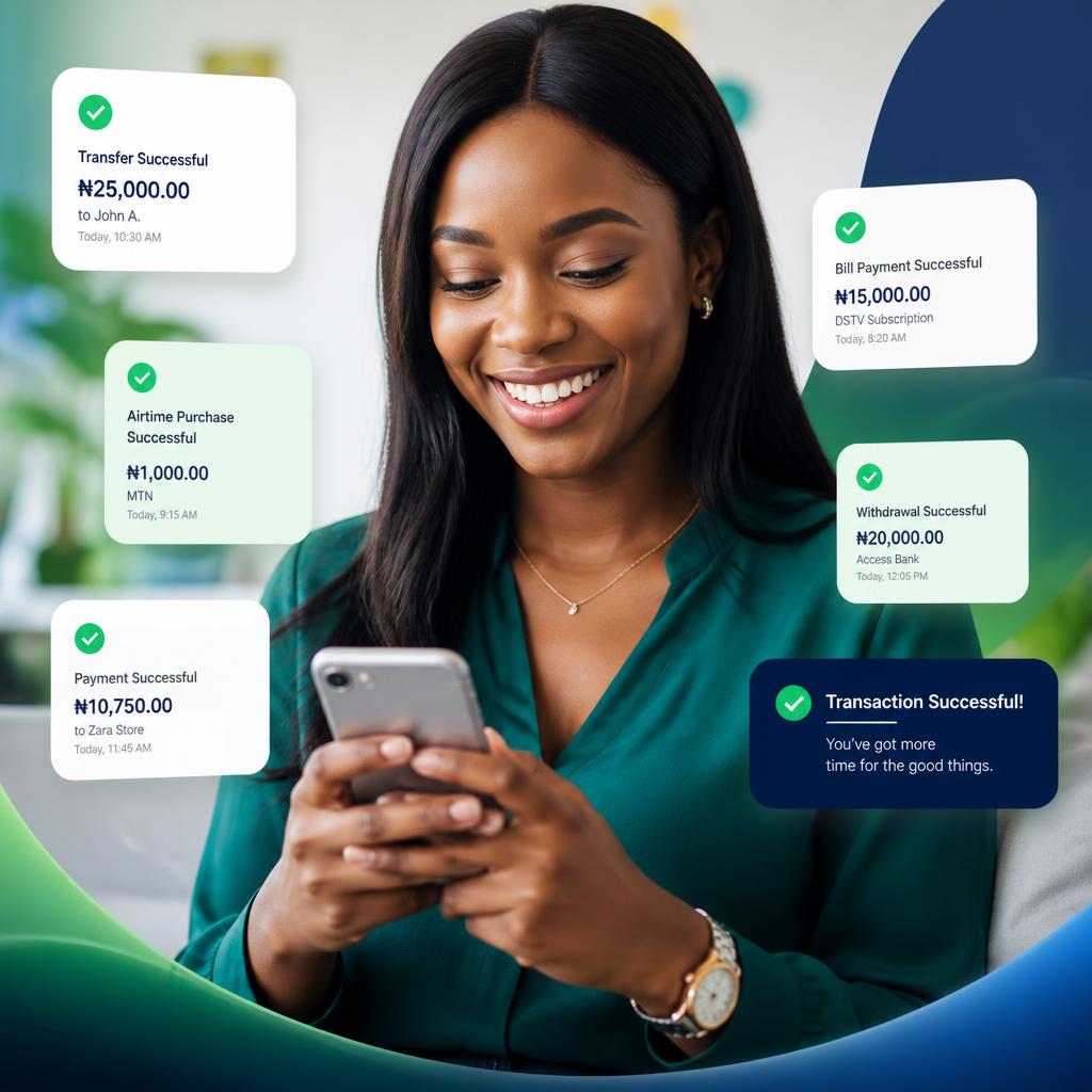 Happy customer using SwiftTopup with floating transaction confirmations